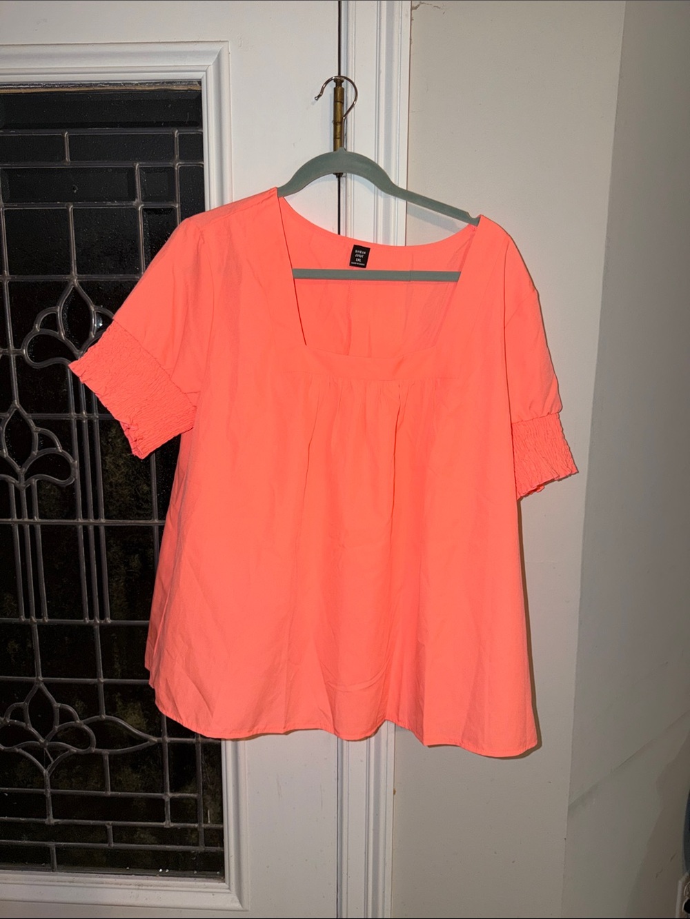 Forever 21 Neon Coral Square Neck Puff Sleeve Top